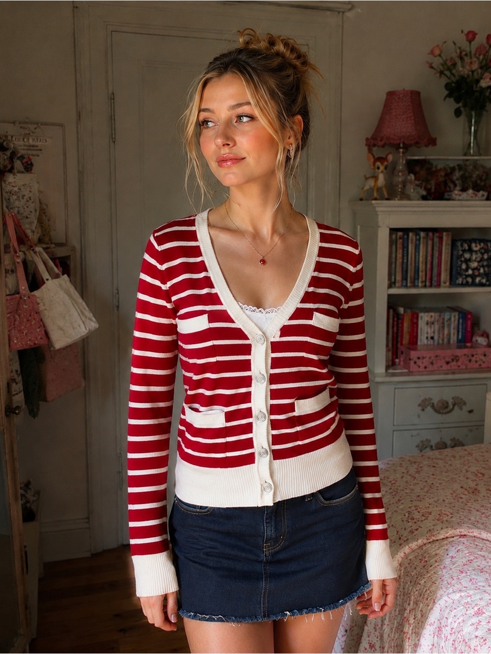 Jack by BB Dakota Womens Grandpa Cardigan M Y2K Vintage Red Stripe Academia Twee